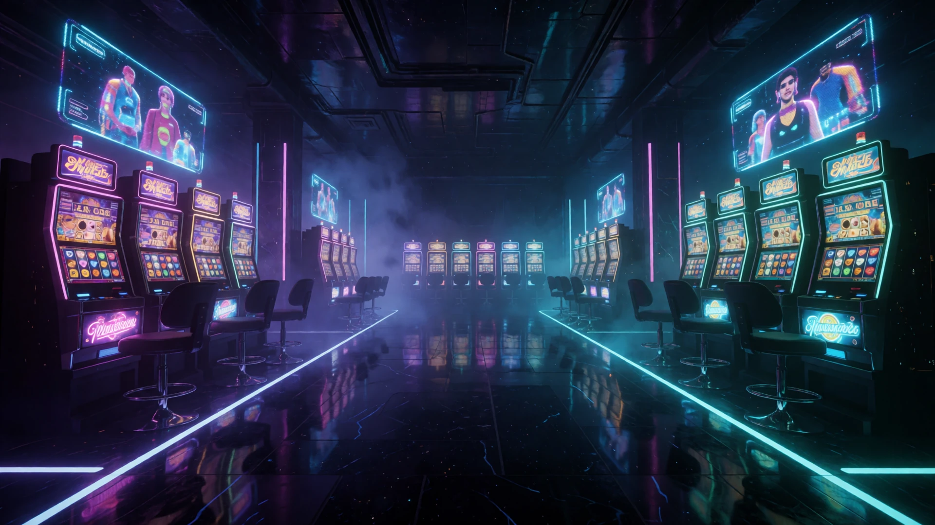 Futuristische neon-erleuchtete Casino-Halle mit gluhenden Spielautomaten im Cyberpunk-Stil fur Roby Casino Echtgeld Spielautomaten