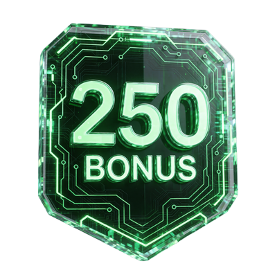 Holographische 250 Prozent Bonus-Plakette mit neon-gruener Schaltkreis-Struktur fuer den Roby Casino Willkommensbonus