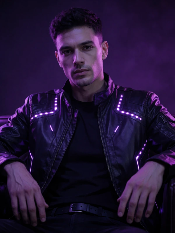 Maennliches Model in dunkler VIP-Lounge mit violetten Neon-Lichtern blickt direkt in die Kamera fuer den Roby Casino VIP Club