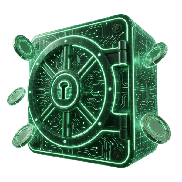 Leuchtender neon-gr&uuml;ner holographischer Jackpot-Tresor mit Schaltkreis-Mustern f&uuml;r progressive Jackpots bei Roby Casino