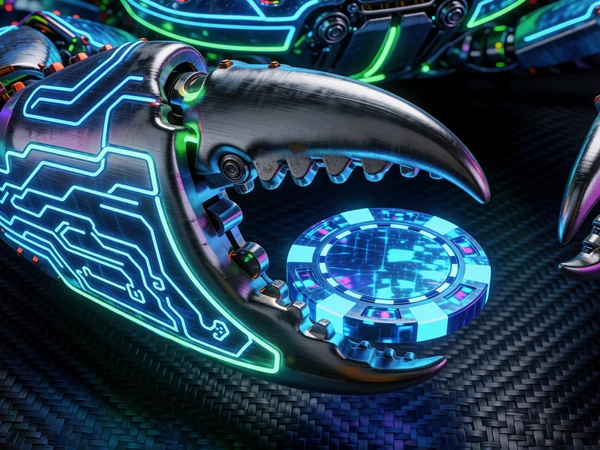 Mechanische Neon-Krabbenkralle haelt blauen Casino-Chip im Cyberpunk-Stil fuer den Roby Casino Bonus Crab Shop