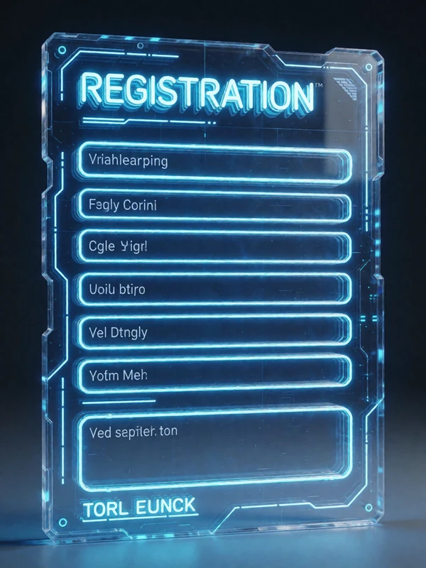 Leuchtendes neon-blaues Registrierungsformular-Mockup mit futuristischen HUD-Elementen fuer die Anmeldung im Roby Casino Club