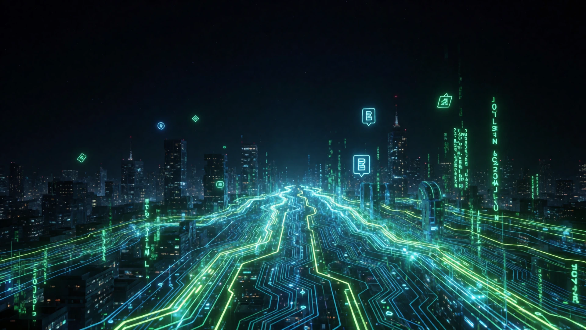 Neon-grune und blaue Datenstrome uber einer dunklen Cyberpunk-Stadtlandschaft fur schnelle Casino Auszahlungen bei Roby Casino
