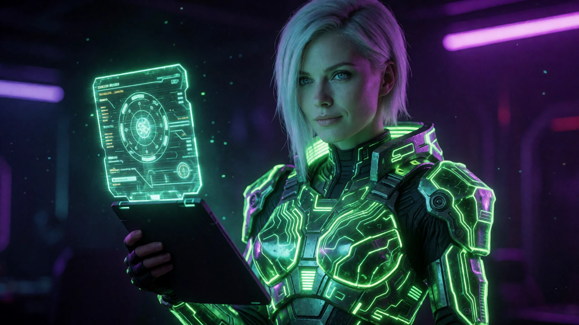 Futuristisches Model in neon-gruenem Sci-Fi-Ruestung haelt holographisches Daten-Tablet im Cyberpunk-Casino fuer Roby Casino Online Bonus