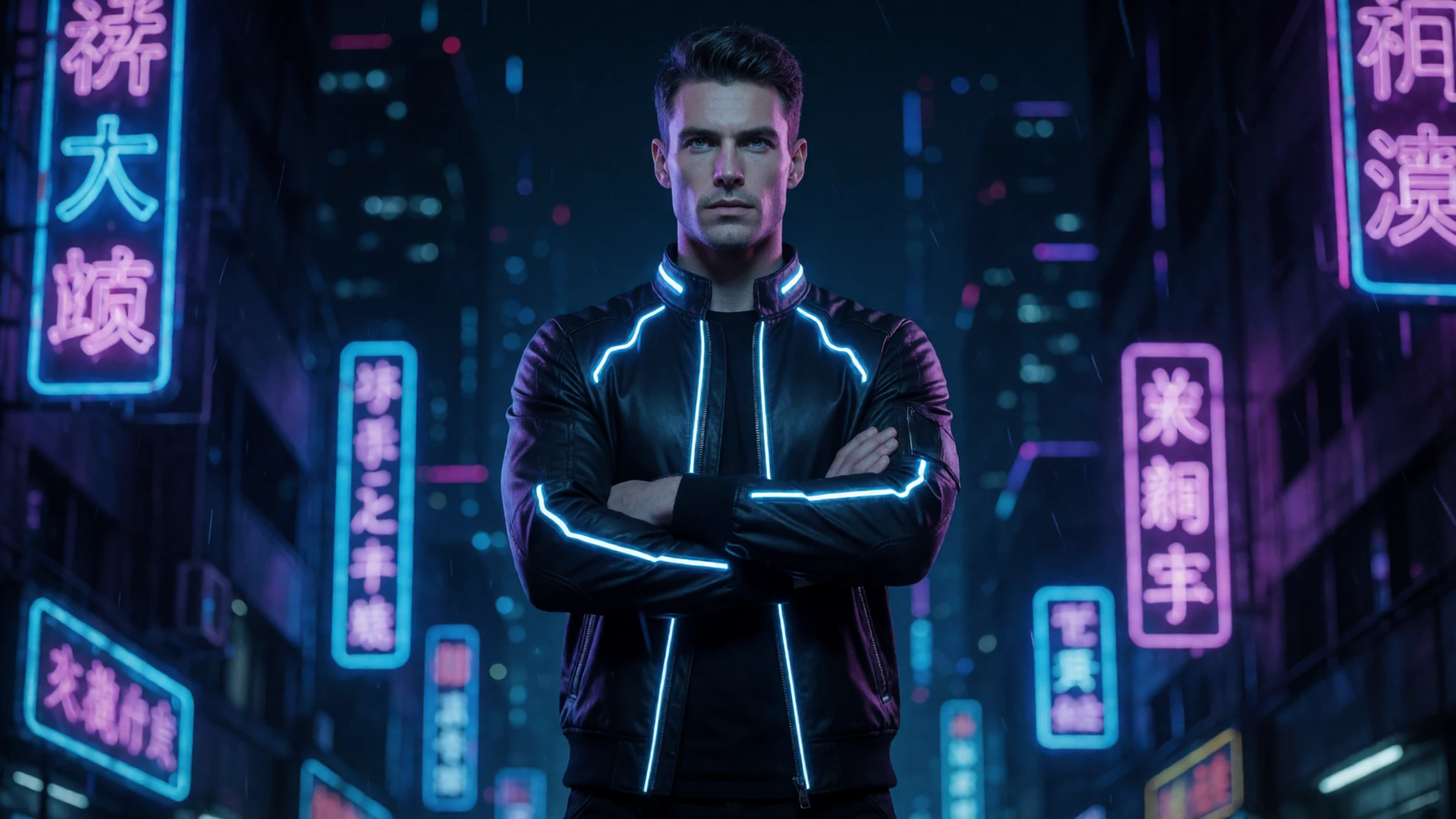 Futuristisches Maennliches Model in schwarzem Tech-Wear mit neon-blauen LED-Akzenten steht selbstbewusst in einer Cyberpunk-Stadt fuer den Roby Casino Willkommensbonus