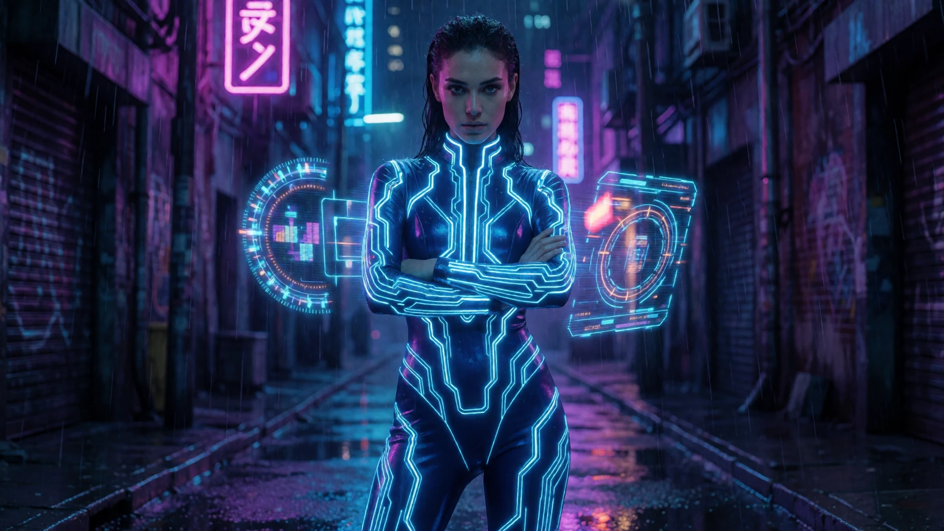 Futuristische Modelle in neon-blauem Sci-Fi-Outfit steht selbstbewusst in einer Cyberpunk-Stadt fuer das Roby Casino Echtgeld Erlebnis