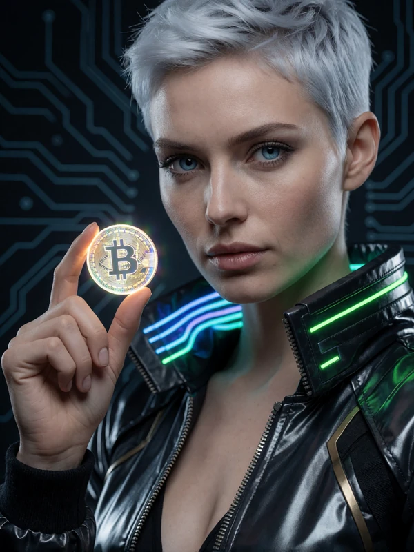 Model mit Platinhaaren halt holographische Munze zwischen Fingern fur Krypto-Zahlungen bei Roby Casino