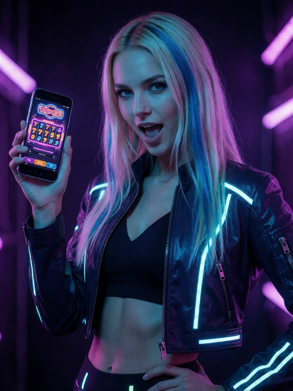 Weibliches Model mit futuristischer Jacke h&auml;lt gl&uuml;hendes Smartphone mit neon-blinkendem Slot-Spiel f&uuml;r Roby Casino Mobile Gaming