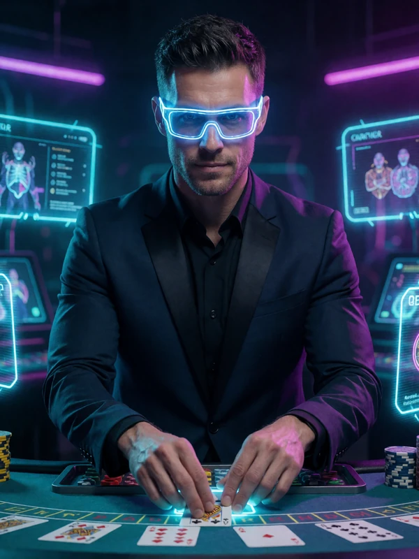 M&auml;nnlicher Live-Dealer in dunklem Anzug mit neon-blauen LED-Brille gibt Karten am holographischen Tisch im Roby Casino Live Casino